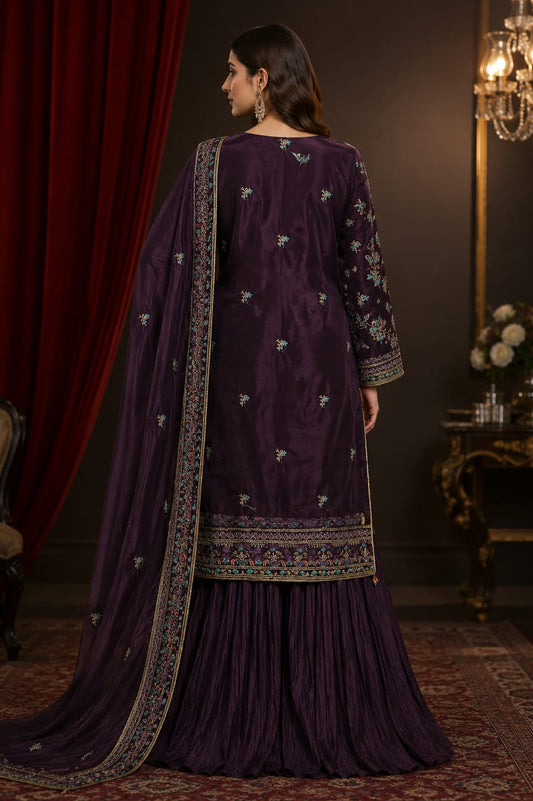Saiqas Collection® Purple Three-Piece Embroidered Suit