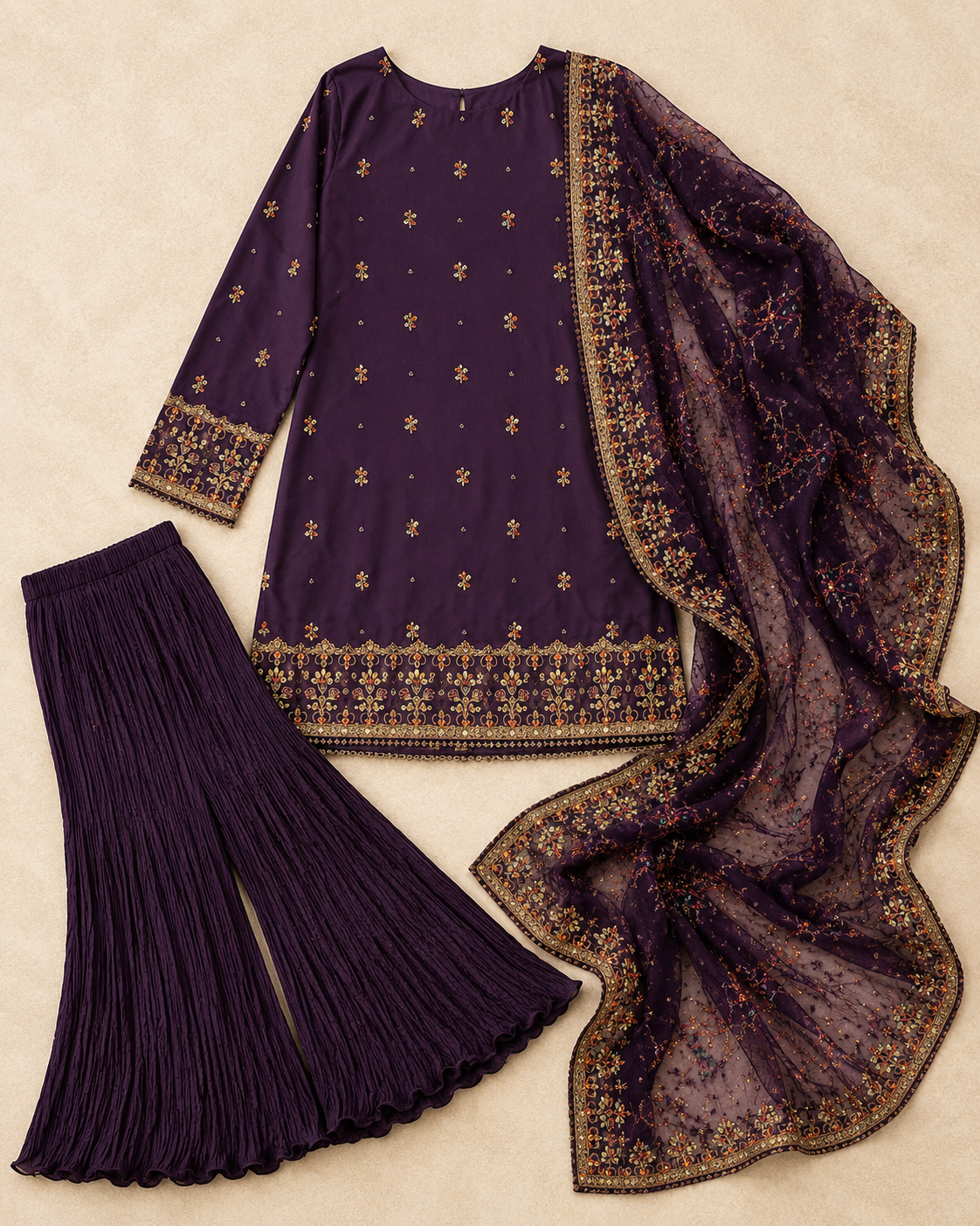 Saiqas Collection® Royal Plum Embroidered Three-Piece Suit