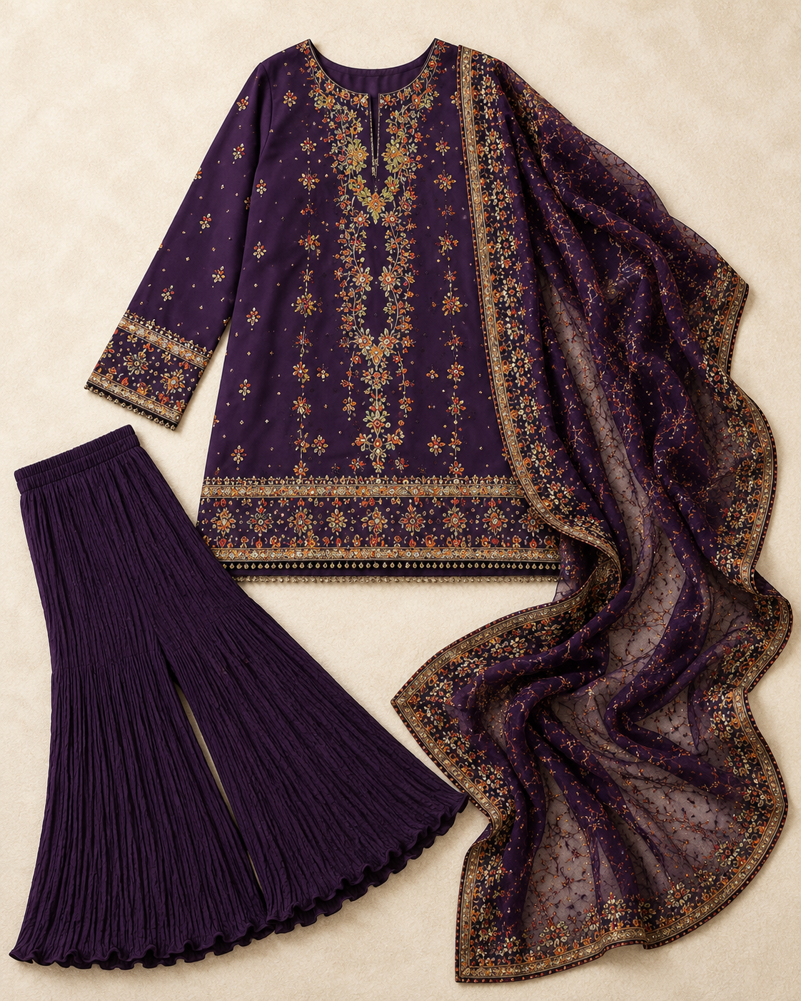 Saiqas Collection® Royal Plum Embroidered Three-Piece Suit