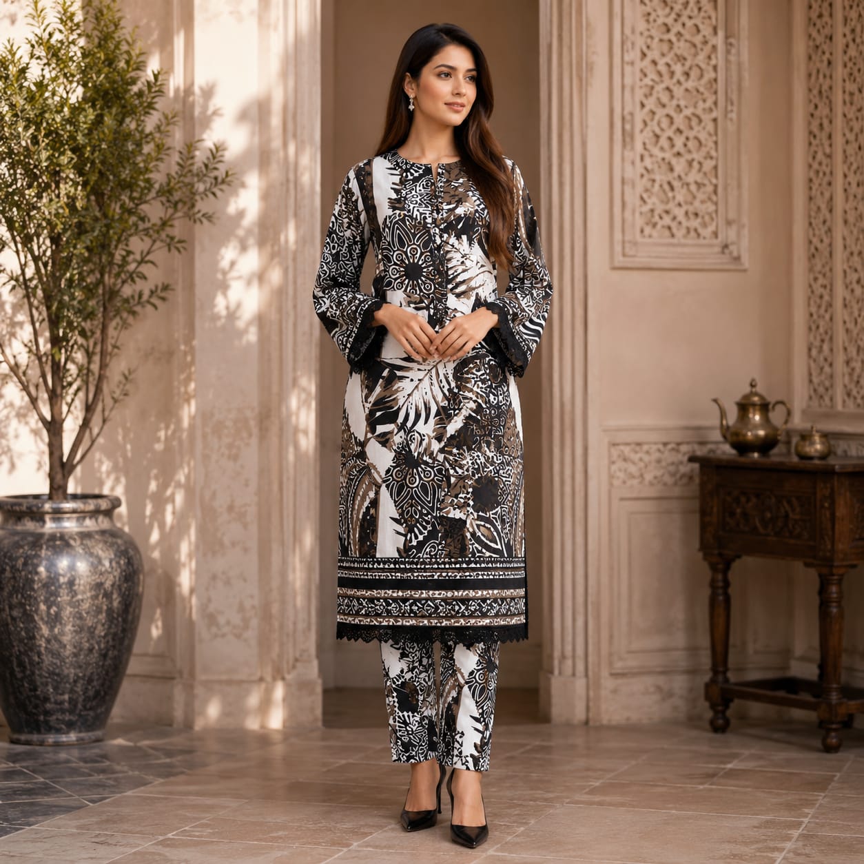 Saiqas Collection® Black & White Printed Shirt & Trouser Two-Piece Set