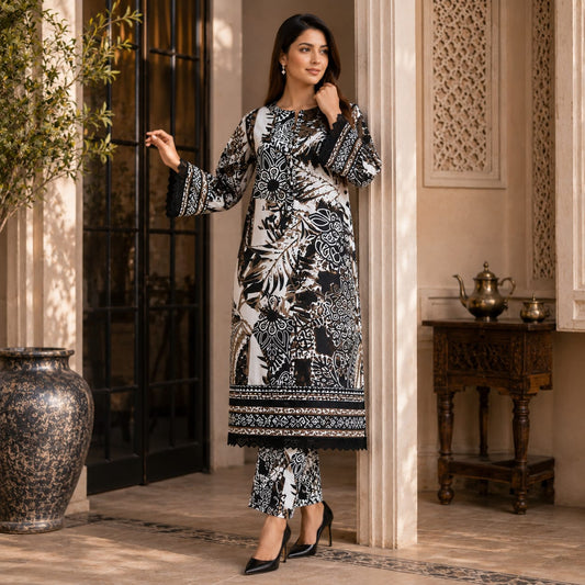 Saiqas Collection® Black & White Printed Shirt & Trouser Two-Piece Set