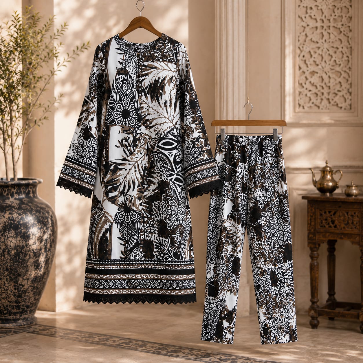 Saiqas Collection® Black & White Printed Shirt & Trouser Two-Piece Set