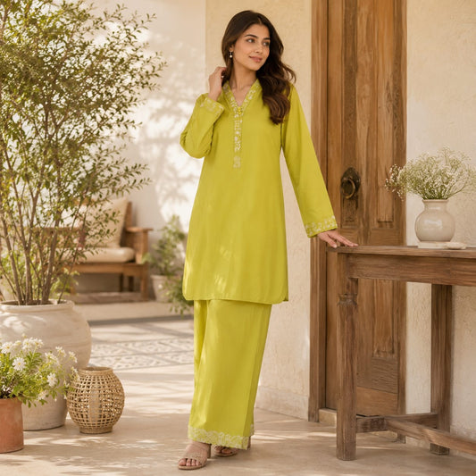 Saiqas Collection® Parrot Green Co-Ord Set for Women | Two-Piece Outfit