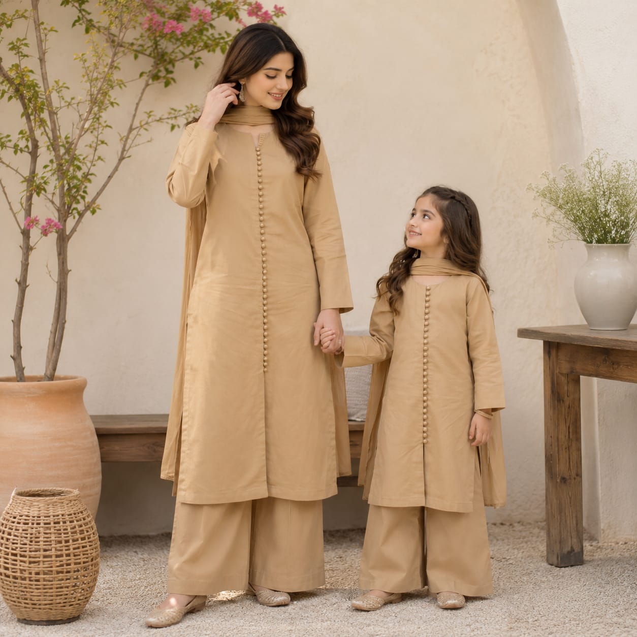 Saiqas Collection® Beige Three-Piece Suit with Matching Dupatta
