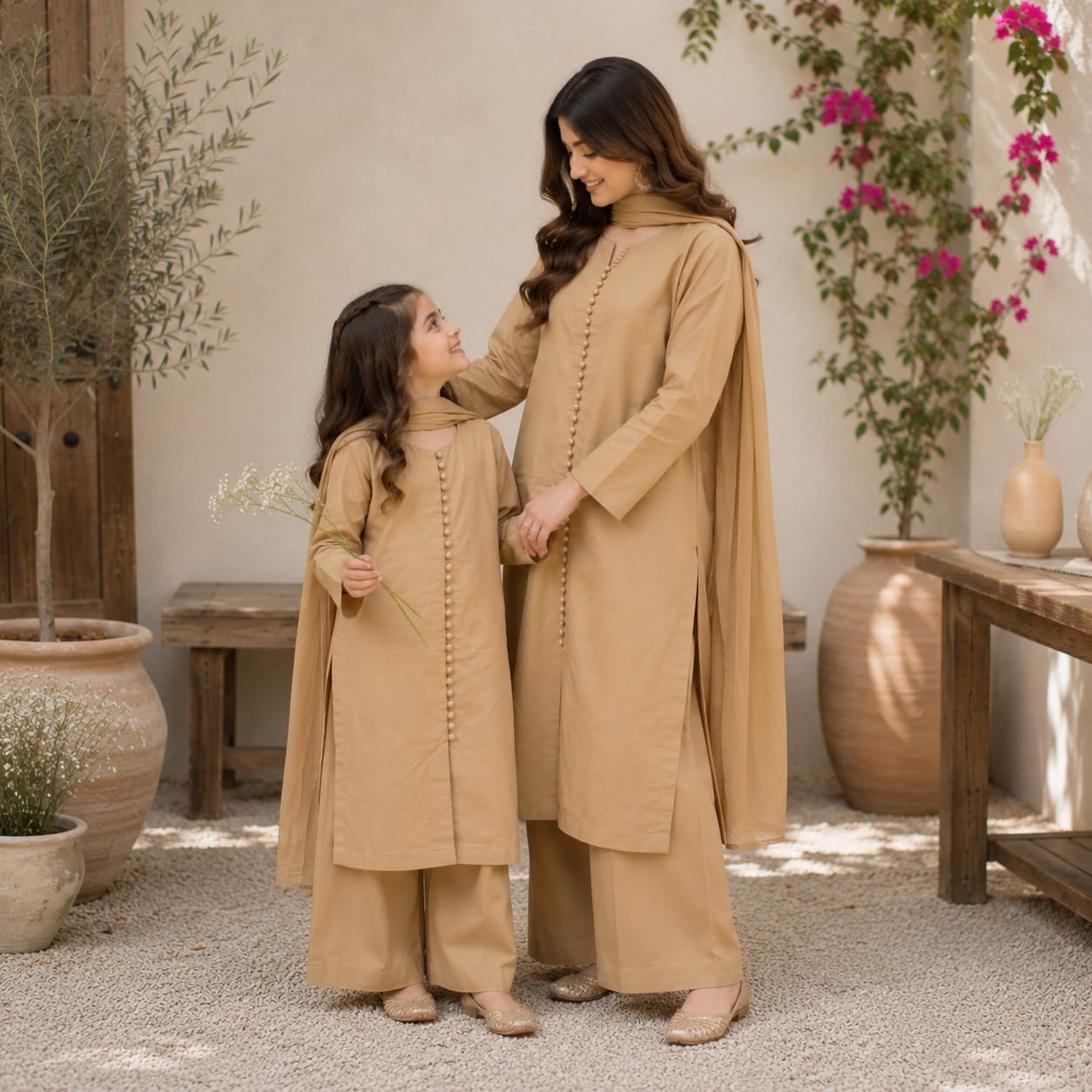 Saiqas Collection® Beige Three-Piece Suit with Matching Dupatta