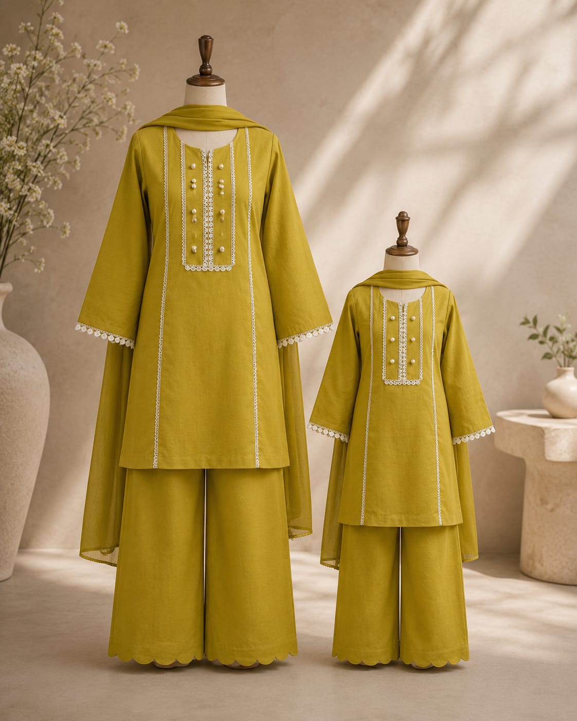Saiqas Collection® Olive Green Mother & Daughter Matching Three-Piece Suit