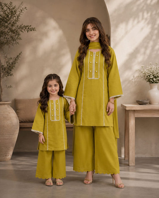 Saiqas Collection® Olive Green Mother & Daughter Matching Three-Piece Suit
