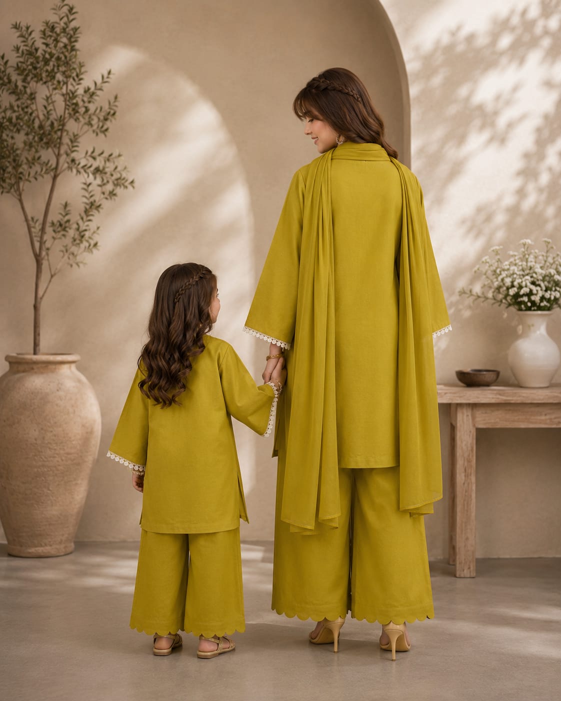 Saiqas Collection® Olive Green Mother & Daughter Matching Three-Piece Suit