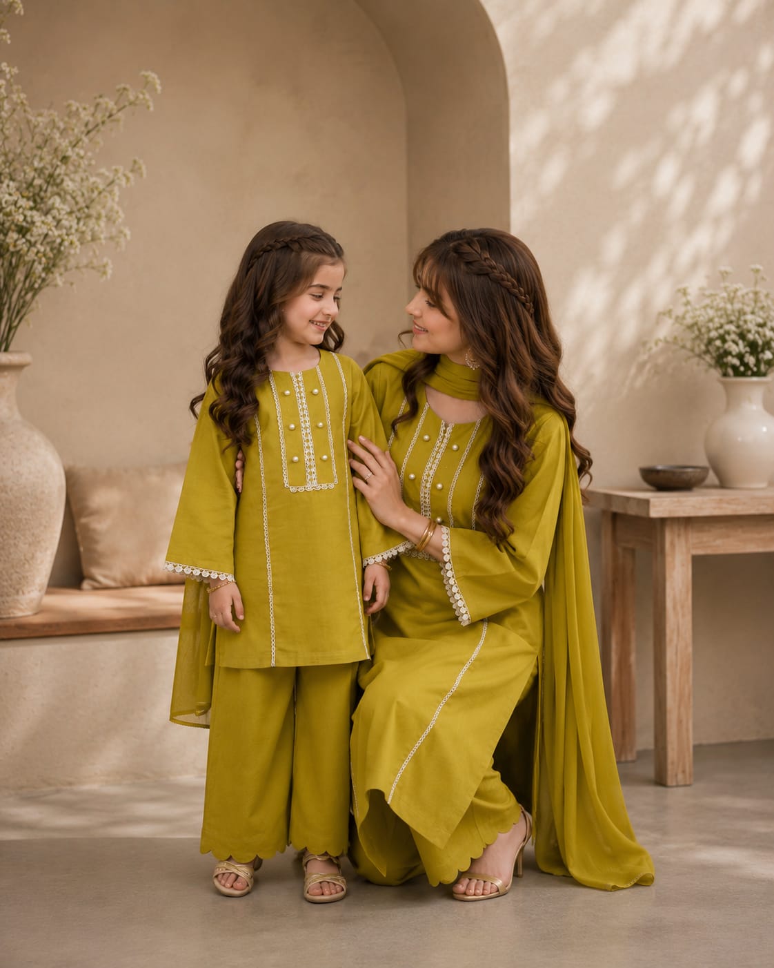 Saiqas Collection® Olive Green Mother & Daughter Matching Three-Piece Suit