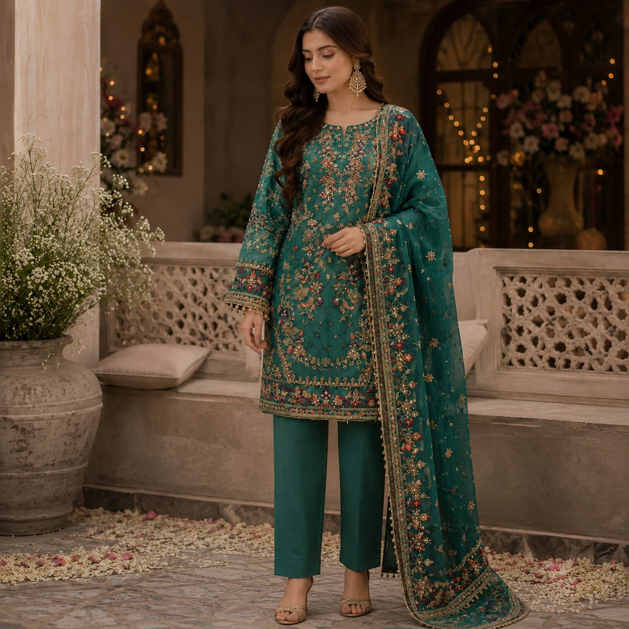Saiqas Collection® Teal Embroidered Three-Piece Suit