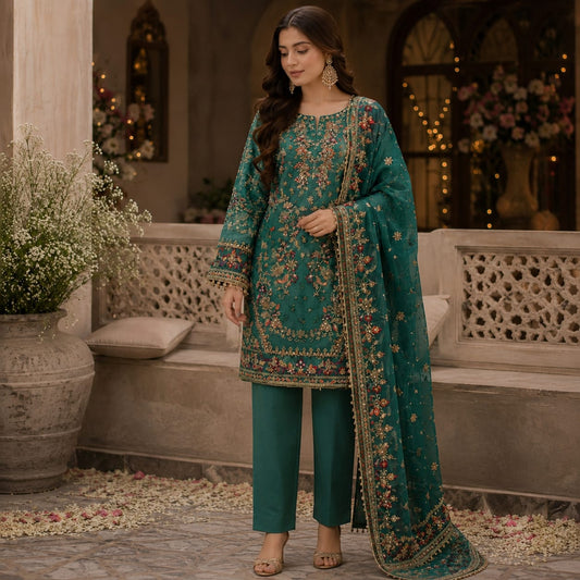 Saiqas Collection® Teal Embroidered Three-Piece Suit