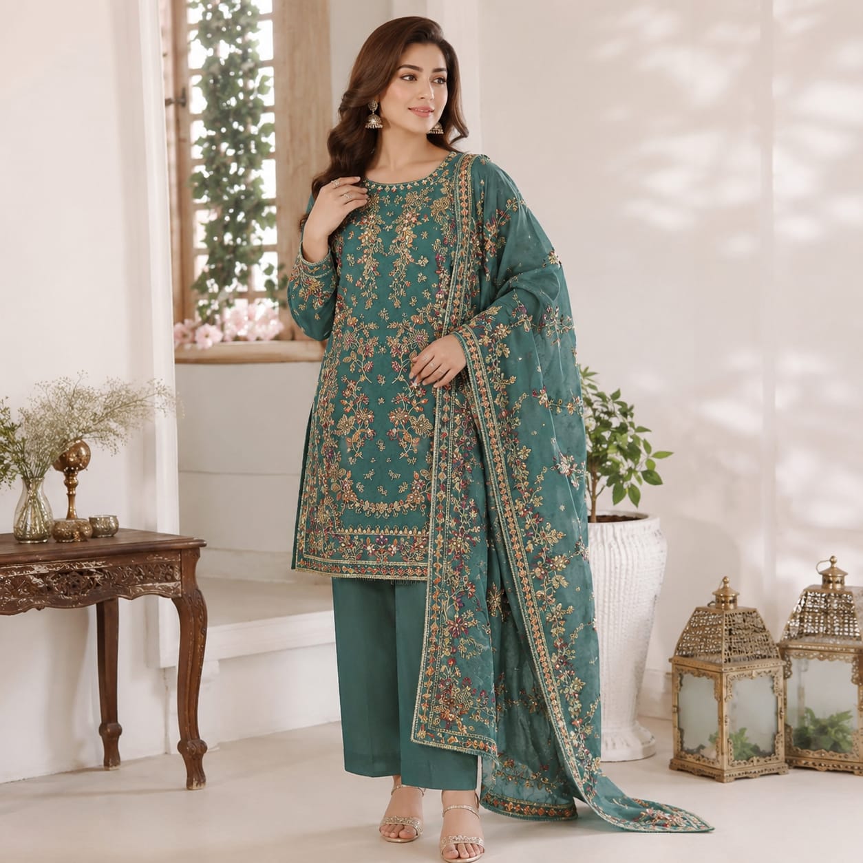 Saiqas Collection® Teal Embroidered Three-Piece Suit