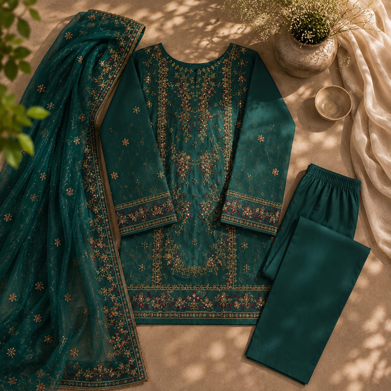 Saiqas Collection® Teal Embroidered Three-Piece Suit