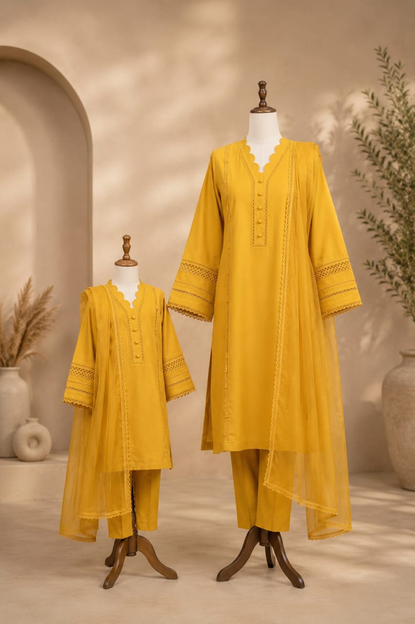 Saiqas Collection® Mustard Gold Family Twinning Three-Piece Suit