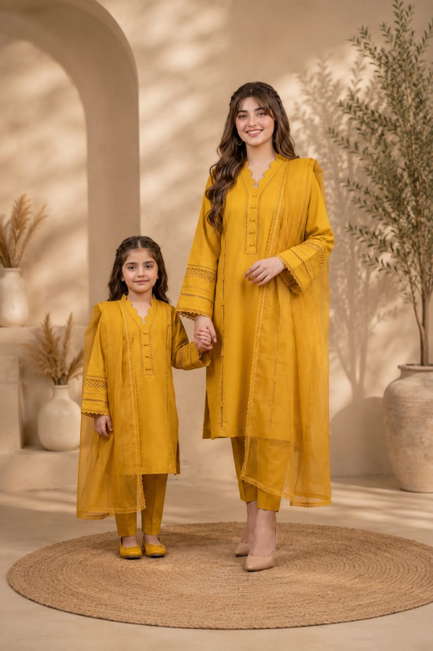 Saiqas Collection® Mustard Gold Family Twinning Three-Piece Suit