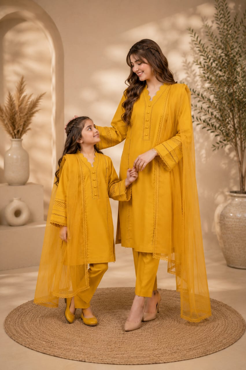 Saiqas Collection® Mustard Gold Family Twinning Three-Piece Suit