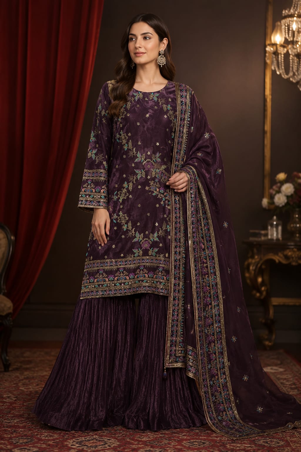 Saiqas Collection® Purple Three-Piece Embroidered Suit