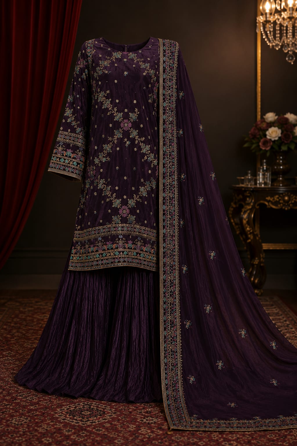 Saiqas Collection® Purple Three-Piece Embroidered Suit