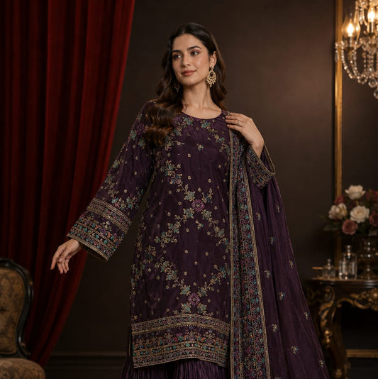 Saiqas Collection® Purple Three-Piece Embroidered Suit