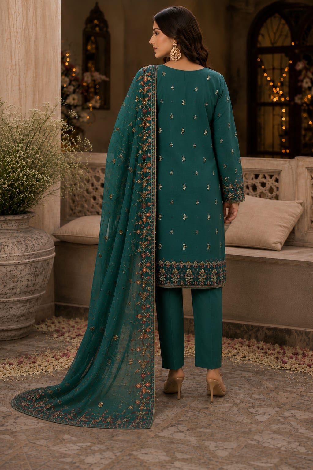 Saiqas Collection® Teal Embroidered Three-Piece Suit