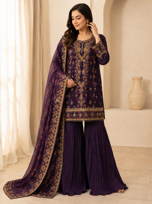 Saiqas Collection® Royal Plum Embroidered Three-Piece Suit