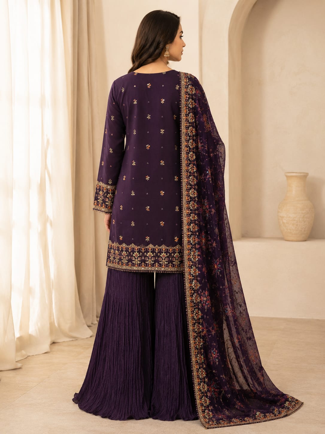 Saiqas Collection® Royal Plum Embroidered Three-Piece Suit