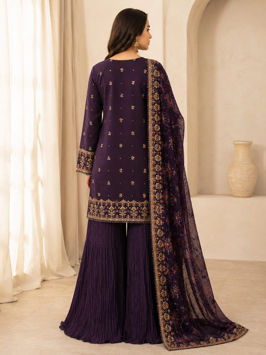 Saiqas Collection® Royal Plum Embroidered Three-Piece Suit