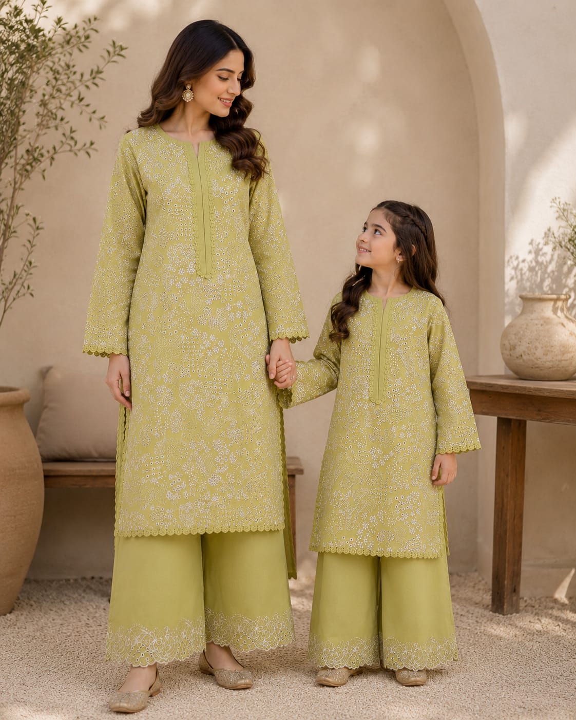 Saiqas Collection® Sage Green Embroidered Family Twinning Two-Piece Suit